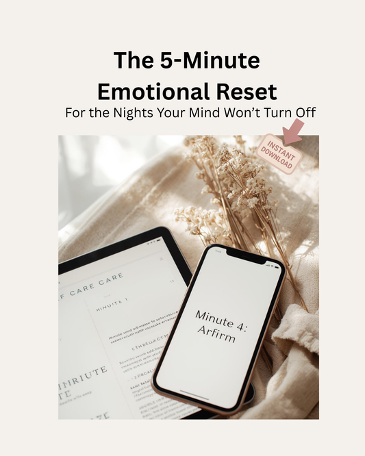 Digital product cover with tablet and phone on a soft background, titled 'The 5-Minute Emotional Reset'.
