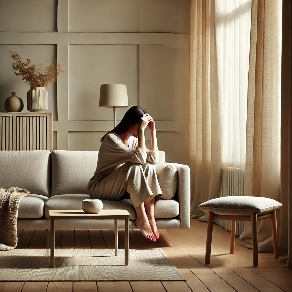 Person sitting on a couch in a cozy living room with curtains and decor. Feeling overwhelmed and tired.